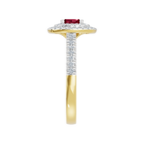 Złoty pierścionek z rubinem i brylantowym halo