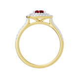 Złoty pierścionek z rubinem i brylantowym halo