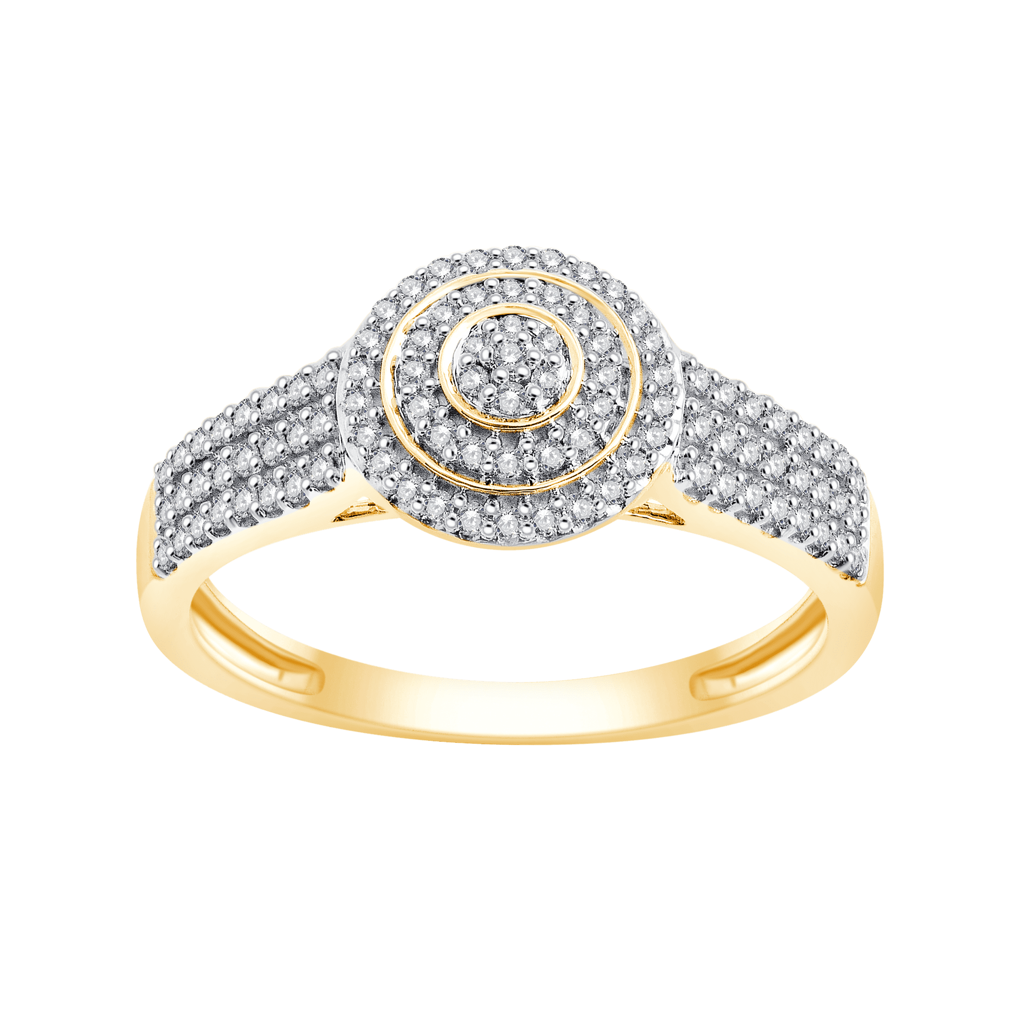 Złoty pierścionek z okrągłą wielowarstwową brylantową rozetą