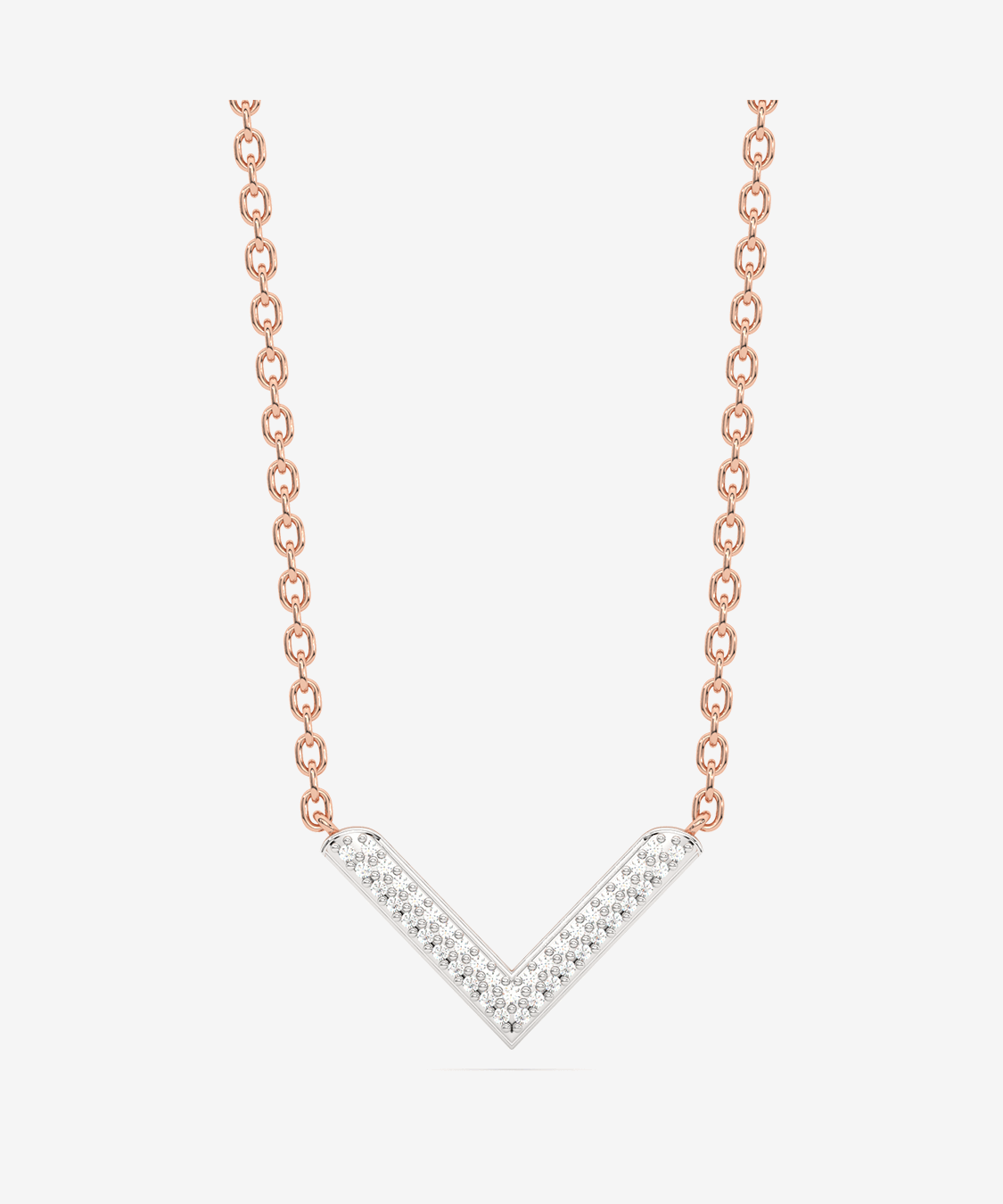 Brylantowy naszyjnik V od Venetia Jewels z różowymi metalowymi ogniwami i eleganckim wzorem