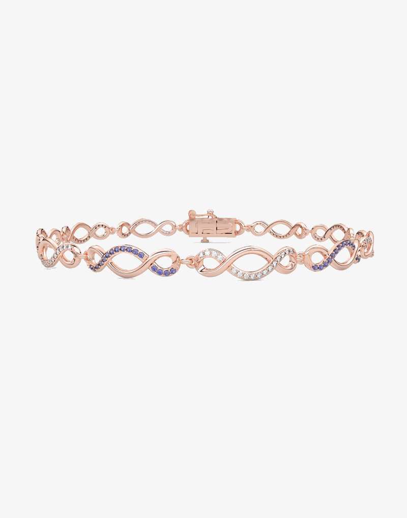 Elegancka szafirowa bransoletka infinity od Venetia Jewels w różowym złocie, ozdobiona kryształkami