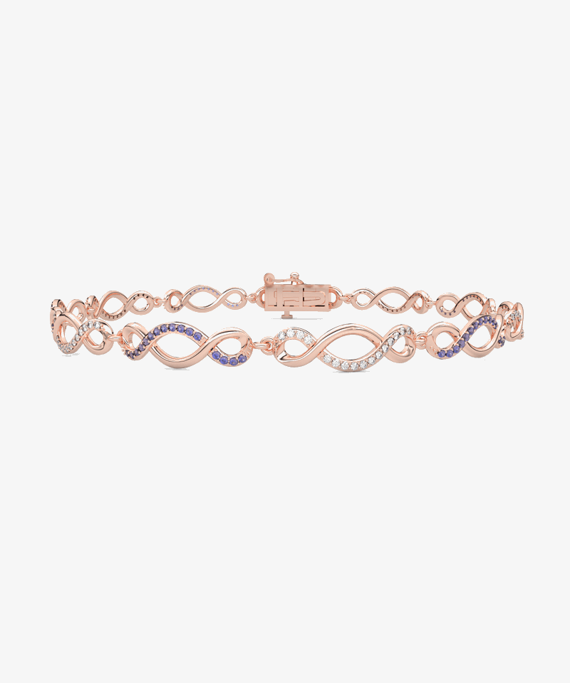 Elegancka szafirowa bransoletka infinity od Venetia Jewels w różowym złocie, ozdobiona kryształkami