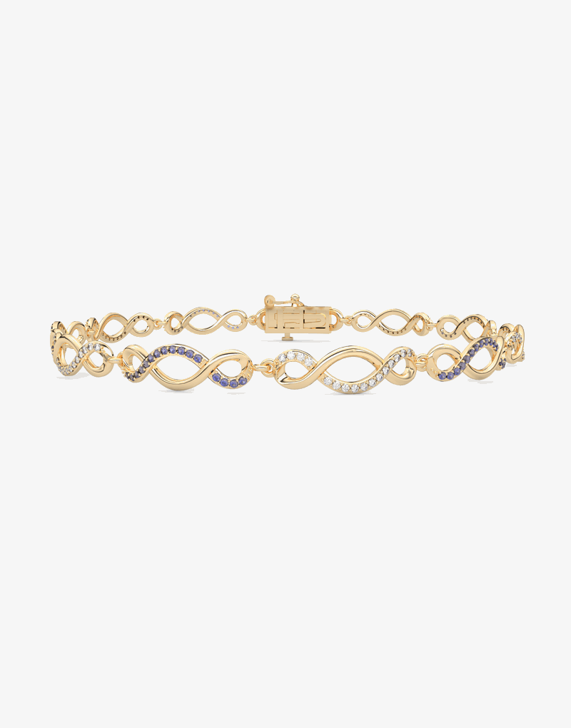 Szafirowa bransoletka infinity od Venetia Jewels z eleganckim złotym splotem i dżetami