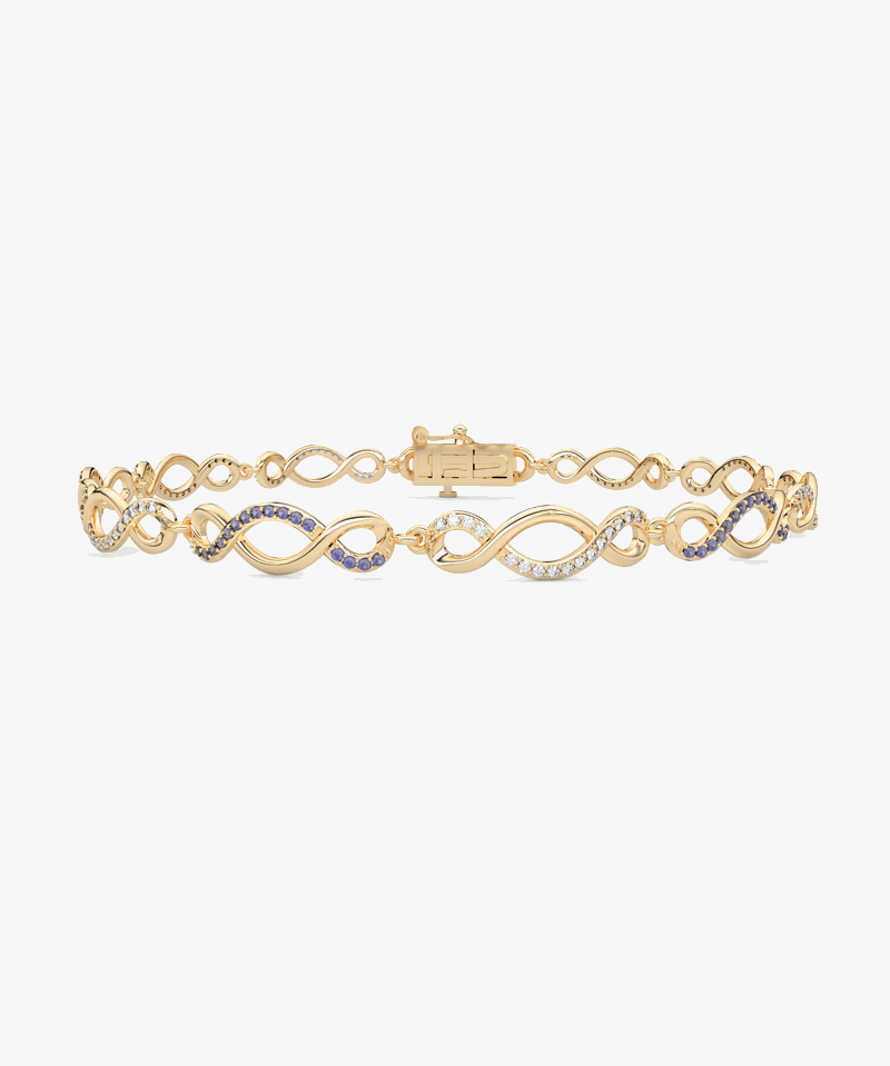 Szafirowa bransoletka infinity od Venetia Jewels z eleganckim złotym splotem i dżetami