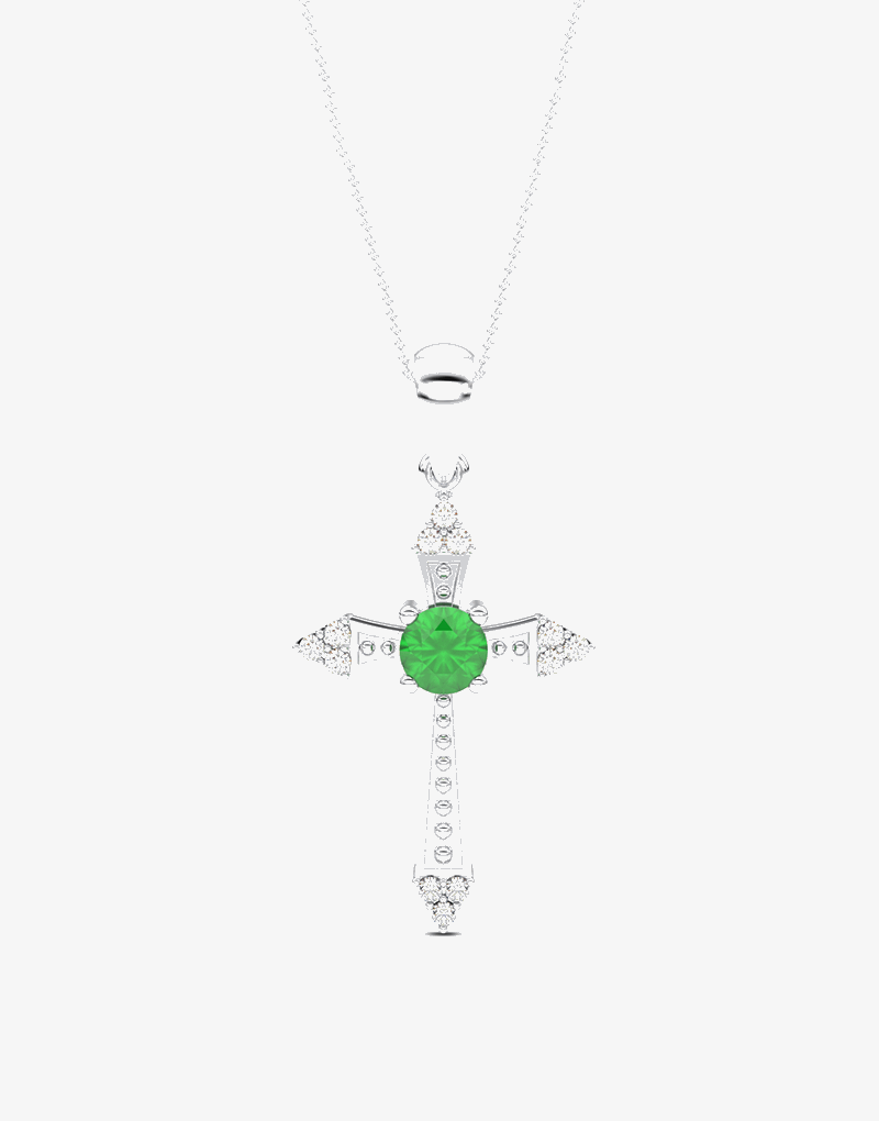 Wisiorek krzyż ze szmaragdem i diamentami zawieszony na srebrnym łańcuszku od Venetia Jewels