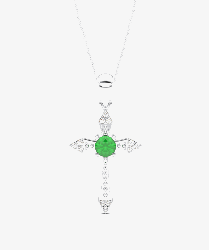 Wisiorek krzyż ze szmaragdem i diamentami zawieszony na srebrnym łańcuszku od Venetia Jewels