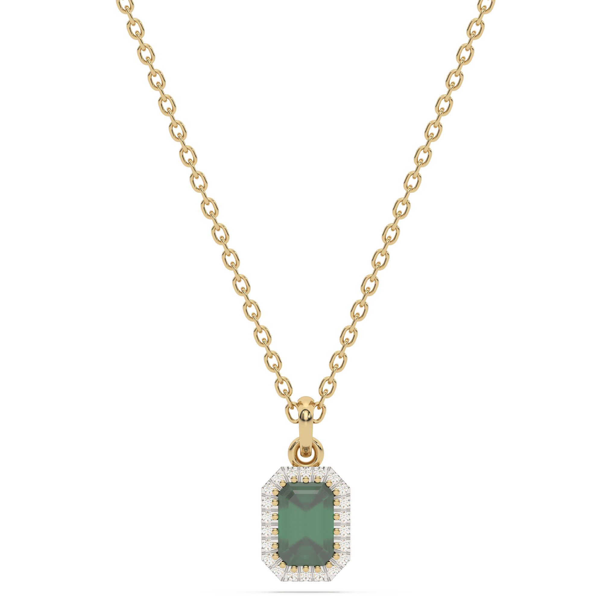 Złota zawieszka ze szmaragdem w eleganckiej oprawie z diamentami na delikatnym łańcuszku