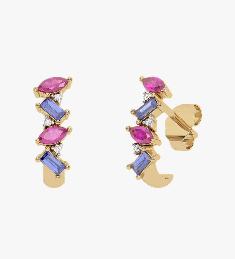 Złote kolczyki z granatami i tanzanitami, elegancki design z trzema różnymi kamieniami