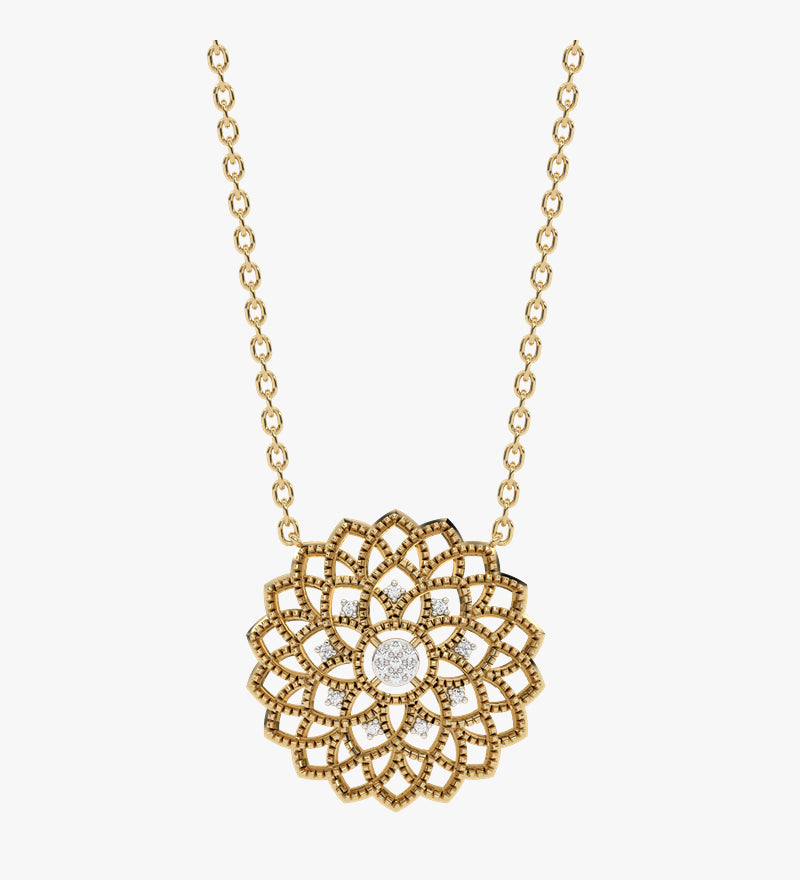 Złoty naszyjnik z brylantami w kształcie kwiatowego wzoru dla eleganckich stylizacji.