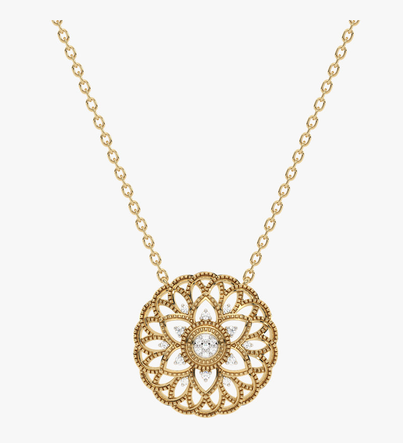 Złoty naszyjnik z mandalą i brylantami od Venetia Jewels z misternym wzorem i delikatnym łańcuszkiem