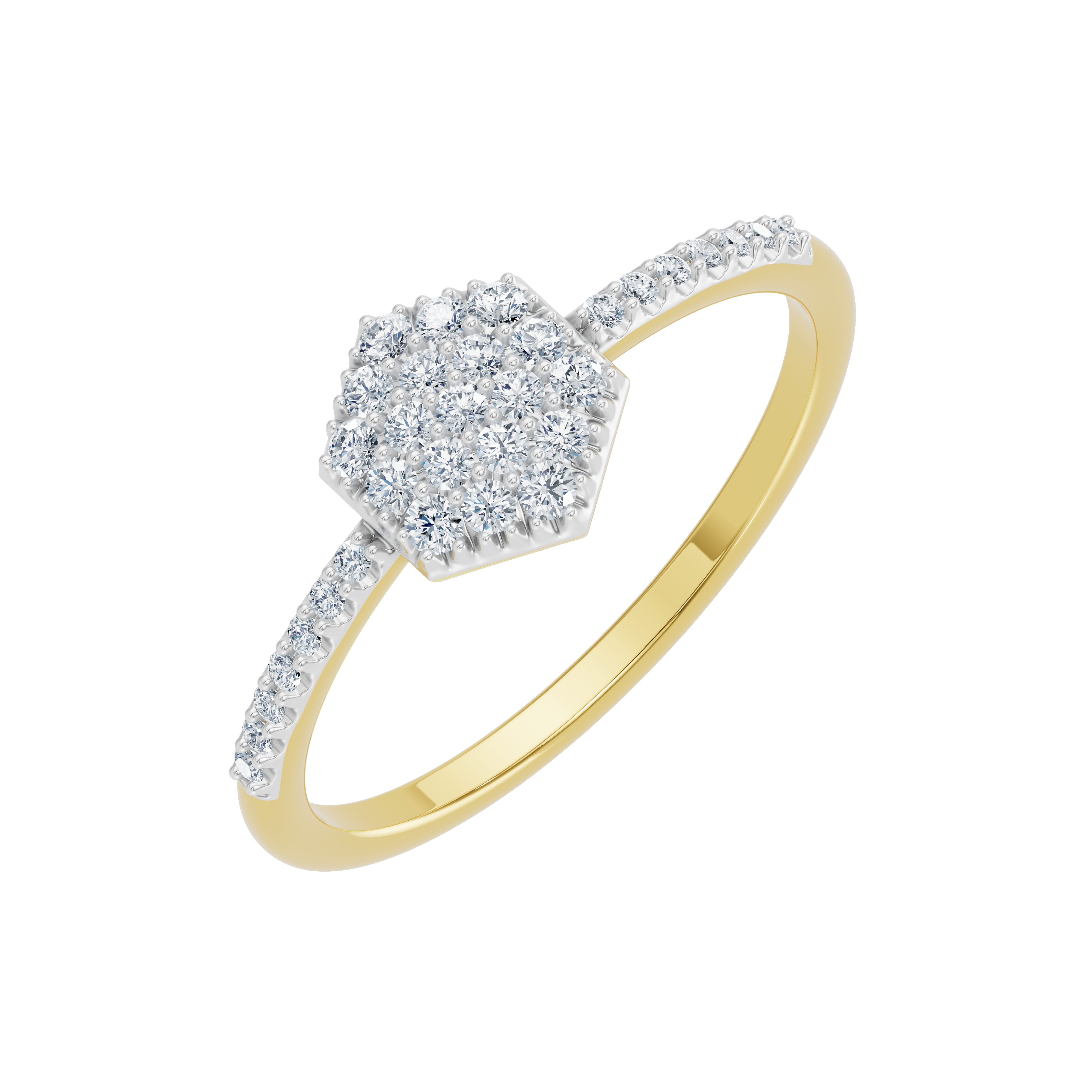 Złoty pierścionek z brylantami w kształcie sześciokąta z delikatnymi zdobieniami