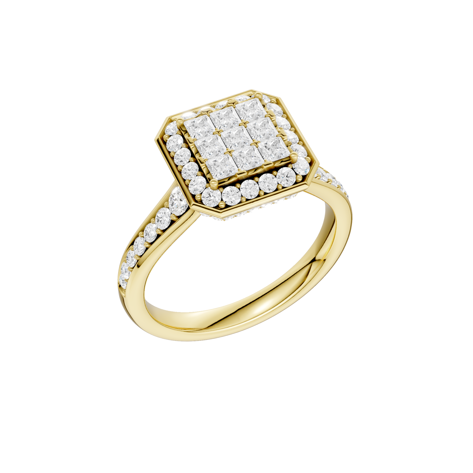 Elegancki złoty pierścionek z brylantami z nowoczesnym wzorem i błyszczącym wykończeniem