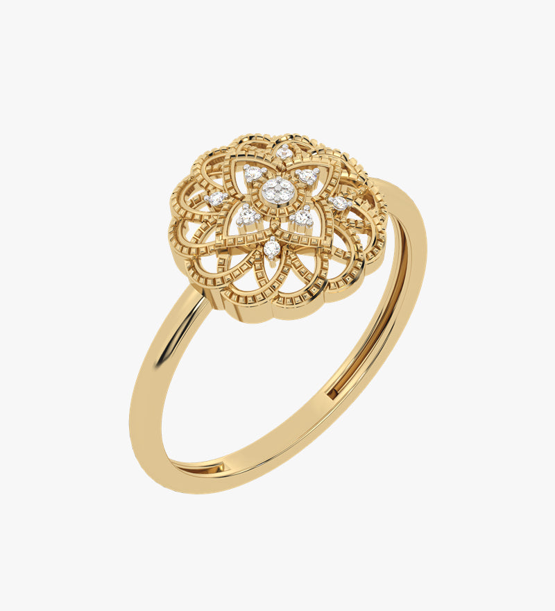 Złoty pierścionek z brylantem o wyjątkowym wzorze kwiatowym z subtelnymi detalami