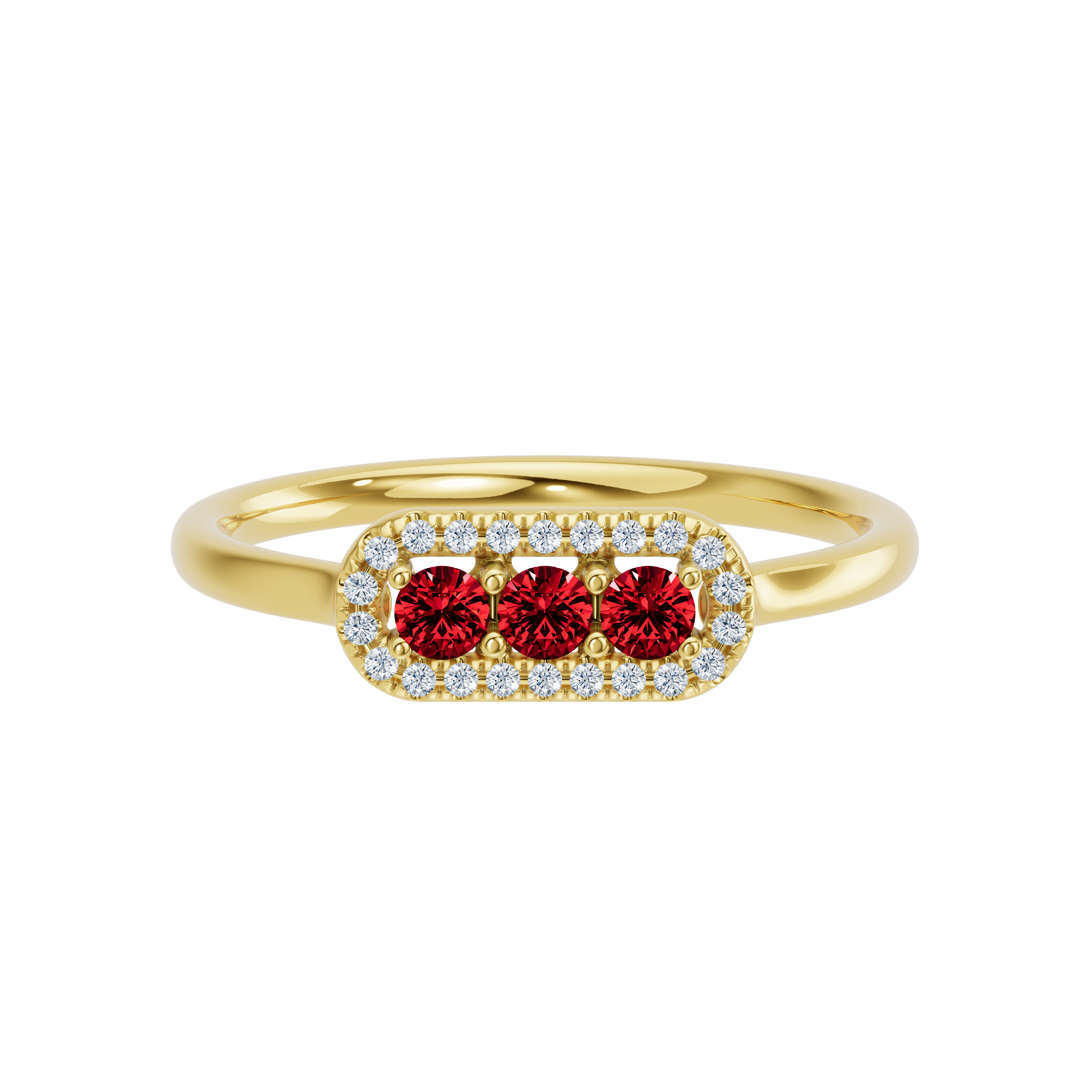 Złoty pierścionek z rubinami i brylantami od Venetia Jewels, elegancki design z trzema rubinami.