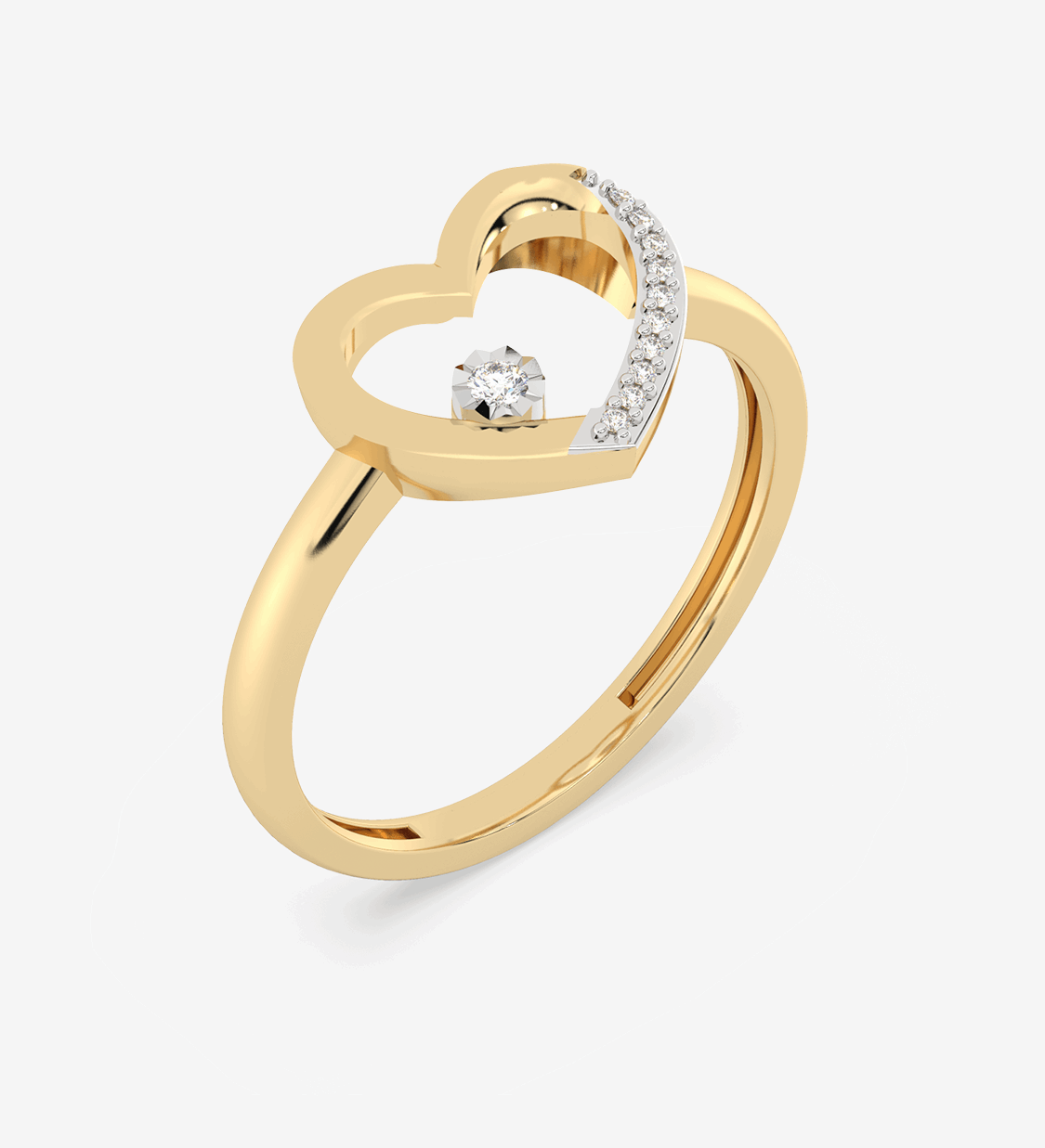 Złoty pierścionek z sercem z diamentem i kryształkami ozdobnymi na obrzeżu