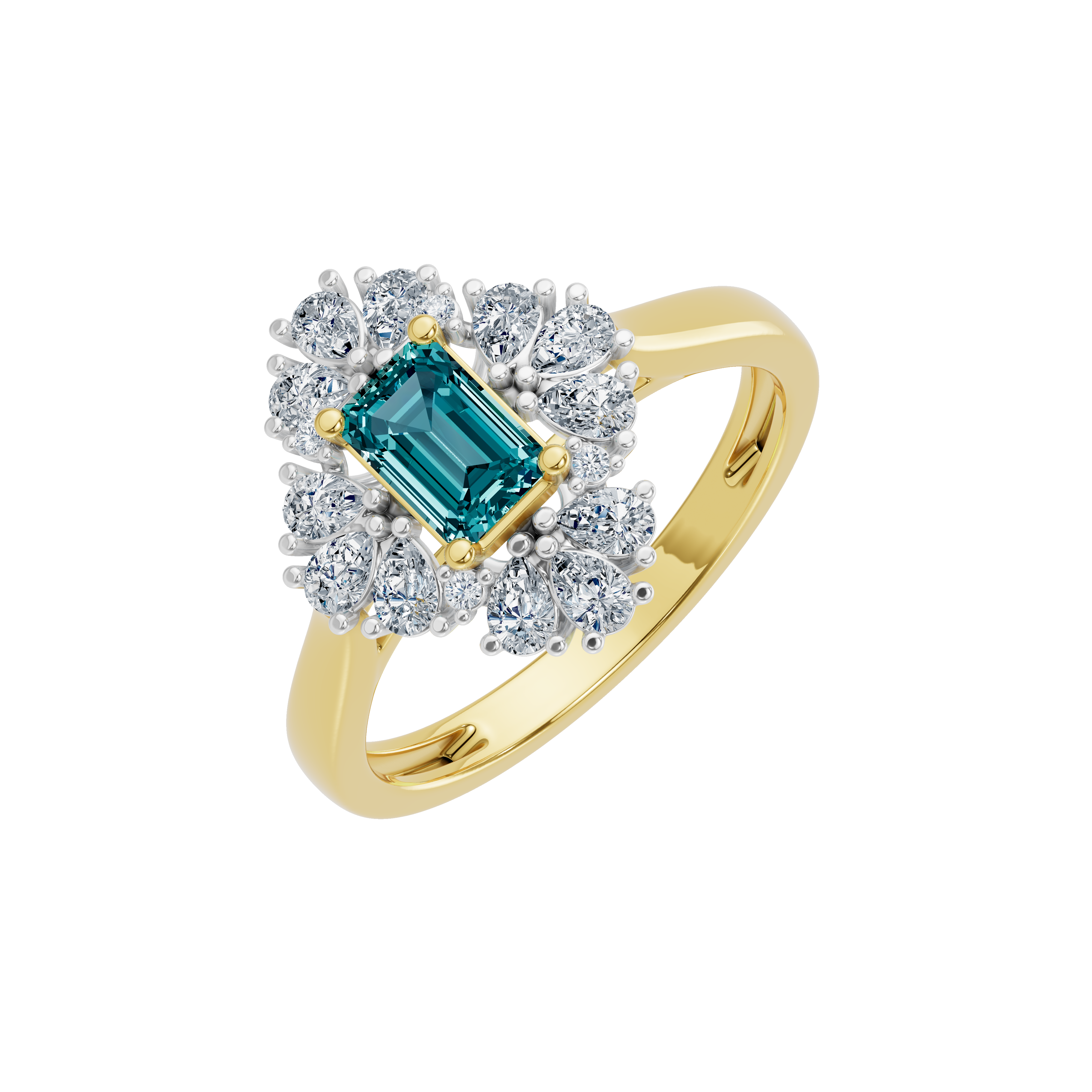 Złoty pierścionek z topazem i diamentami w eleganckim wzornictwie, idealny na wyjątkowe okazje