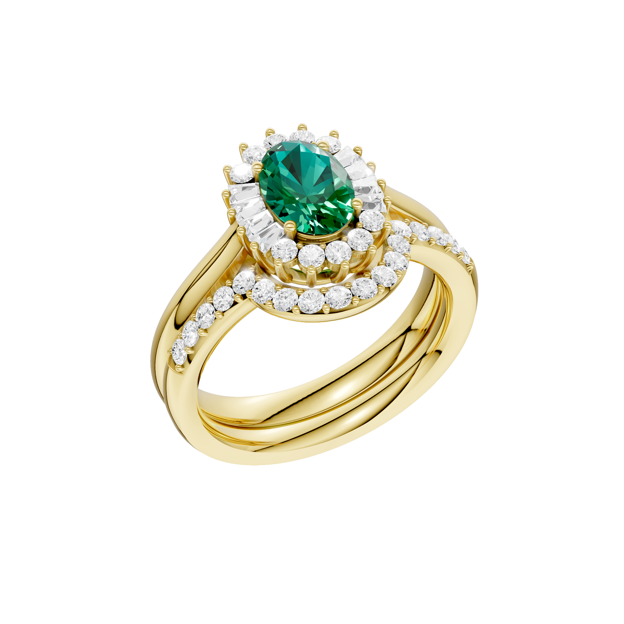 Złoty pierścionek ze szmaragdem i brylantami z owalnym szmaragdem oraz okrągłymi brylantami
