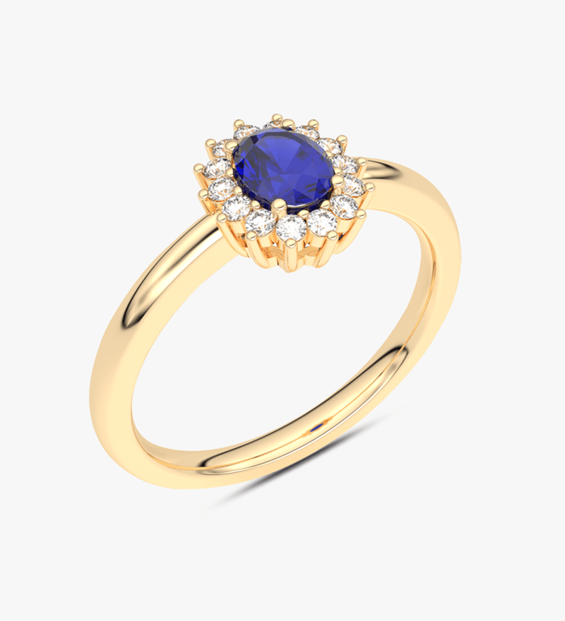 Pierścionek z Szafirem i z Brylantami na Kształt Kwiatu żółty - Venetia Jewels - 14K złoto z brylantami