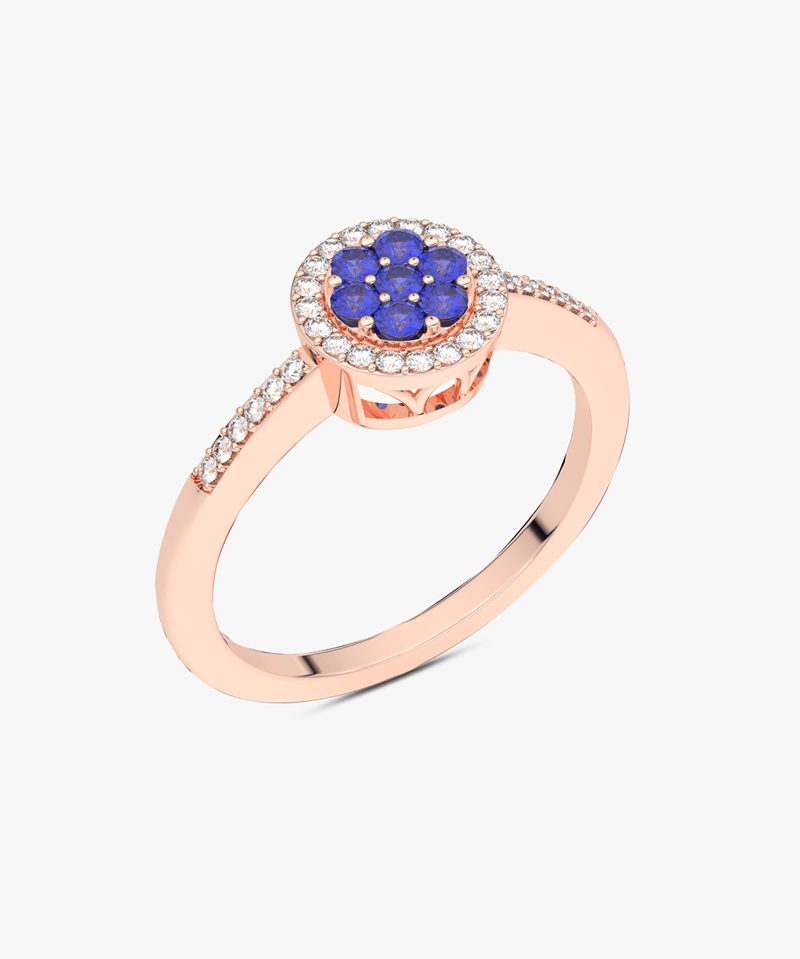 Elegancki pierścionek z szafirem i diamentami od Venetia Jewels w różowym złocie
