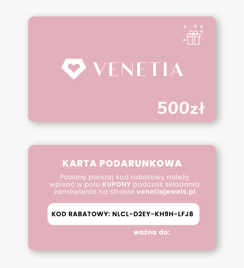 Różowa karta podarunkowa na biżuterię o wartości 500 zł od Venetia Jewels